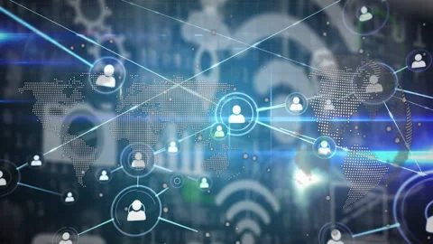 Opening with dotted map, glowing node, lines extending to icons, pulsing icons Video stock 312082112