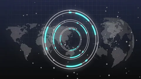 Opening dotted map, three rings spinning while code flickering and hemisphere Stock Footage 311225434