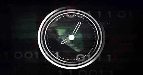 Opening dotted ring circling, rotating clock hands over globe with binary Stock Footage 315806286