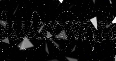 Opening dotted waveform on black backdrop, dots drifting and triangles rotating Stock Footage 318239225
