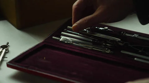 Opening Drafting Tool Case with Compass Ready, Preparation for Precision Work Vídeo Stock 334084357