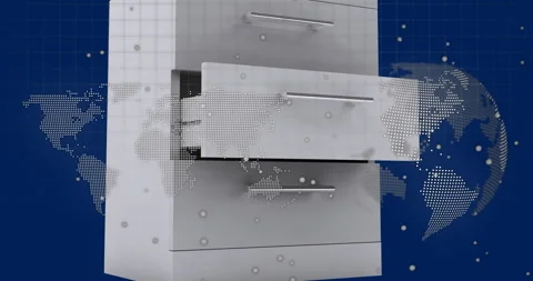 Opening drawer with world map and code animation over blue background Stock Footage 303685851