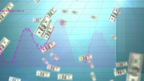 Opening drift sending banknotes falling across 3D grid, rotating, clustering, Stock Footage 335314481