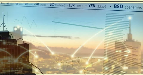 Opening dusk skyline financial overlay showing currency ticker, linking arcs and Stock Footage 309683027