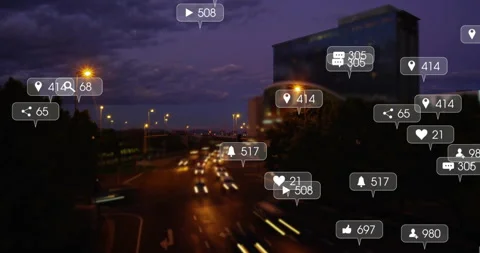 Opening dusk street adding engagement icons appearing updating counts shrinking Stock Footage 313148292