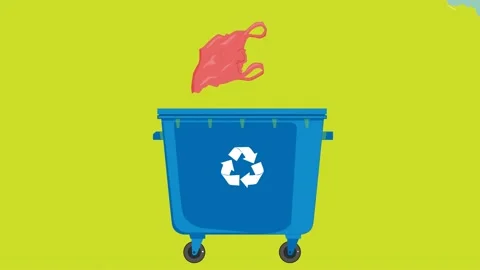 Opening dustbin trash with recycle logo on green screen falling Waste into Trash Stock Footage 221771730