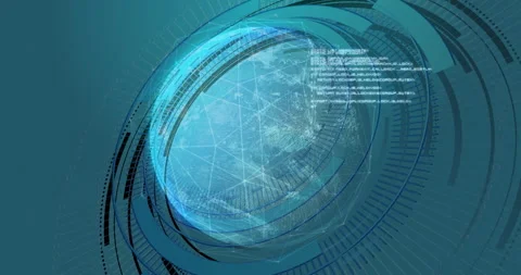 Opening Earth rotating with mesh while HUD rings forming and code text emerging Stock Footage 312348705