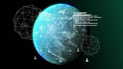 Opening Earth rotating under mesh showing icons and data overlay, code scroll Stock Footage 310318187