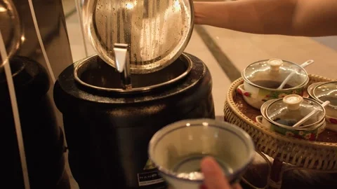 Opening Electric Soup Kettle Lid at Buffet Station Stock Footage 345099839