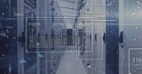 On opening empty server corridor view, overlays fading in updating numeric Stock Footage 310385591