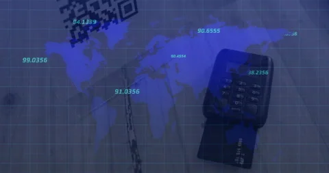 Opening fading map overlay QR code icon data labels animating above credit card Stock Footage 311698242