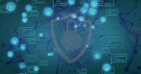 Opening with fingerprint-shield cyan nodes and chat bubbles orbiting visualizing Stock Footage 313639793