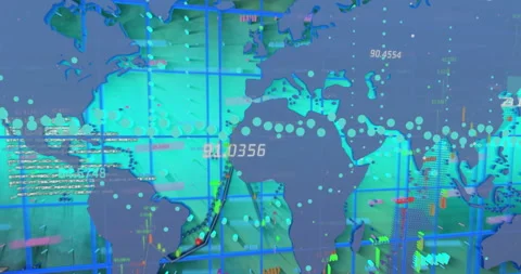 Opening flat world map on teal grid, animating dotted trajectory and rising Stock Footage 310283769