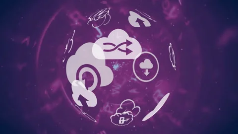 Opening frame initiating sphere rotation with cloud icons orbiting clockwise Video stock 310438703