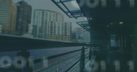 Opening frame projecting green digits on transit walkway canopy railing driving Stock Footage 311883374