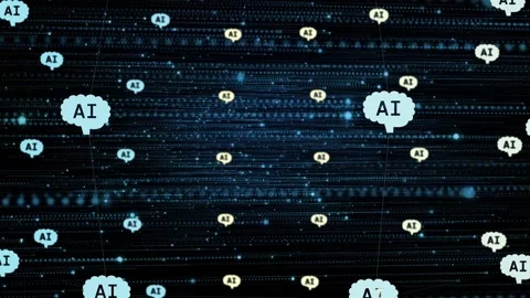 Opening frame revealing dotted data lines, cloud and circular AI icons drifting Stockbeeldmateriaal 335652090