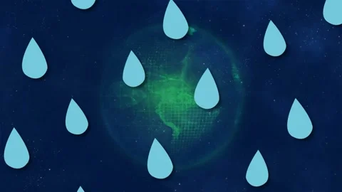 Opening frame revealing raindrops, blue drops descending while green globe Stock Footage 333872997