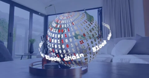 Opening frame showing code sphere and Block chain text turning illustrating Stock Footage 327128696