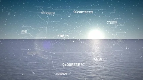 Opening frame showing low sun, floating data band rotating and sinking timecodes Stock Footage 321161754