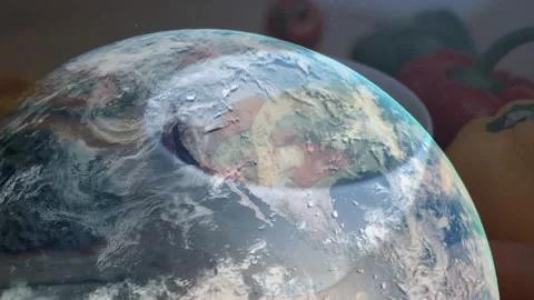 Opening frame showing translucent Earth globe rotating over berry display, Stock Footage 314661041