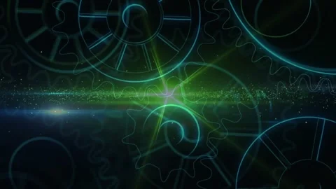 Opening frame showing translucent gears rotating pulsing green band, flare for Stock Footage 332295992