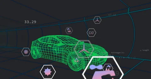 Opening frame starting neon green wireframe sports car displaying pulsing icons Vídeos de archivo 314141067