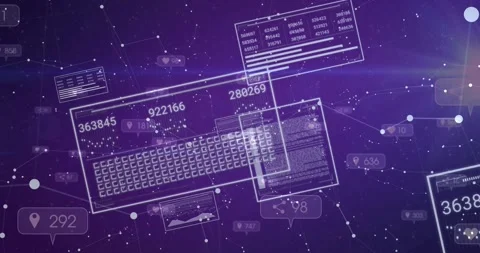Opening frames floating on purple network, data panels updating metrics, Stock Footage 320127673
