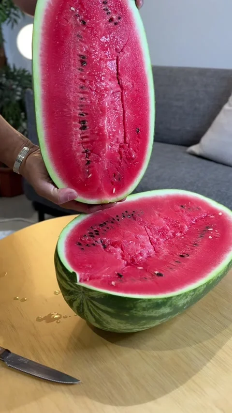Opening Fresh Ripe Red Watermelon Half Stock Footage 339077498