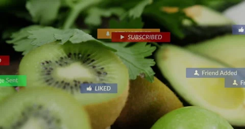 Opening fruit arrangement close-up starting UI icons fading clicking and sliding Stock Footage 312758599