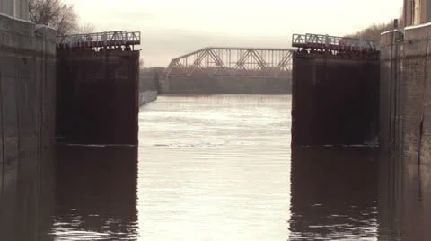 Opening gate in the lock. River Volga. Stock Footage 24705905