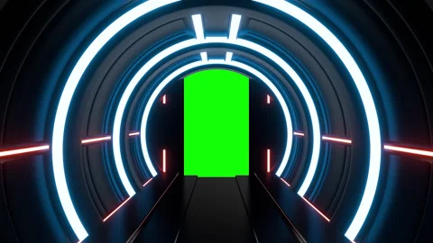 Opening gate or door in dark futuristic tunnel spaceship or science corridor. Stock Footage 276373217