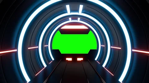 Opening gate or door in dark futuristic tunnel spaceship or science corridor. Stock Footage 276373306