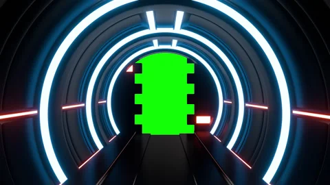 Opening gate or door in dark futuristic tunnel spaceship or science corridor. Stock Footage 276373315