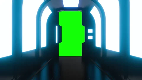 Opening gate or door in dark futuristic tunnel spaceship or science corridor. Stock Footage 276373823