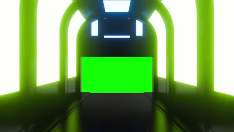 Opening gate or door in dark futuristic tunnel spaceship or science corridor. Stock Footage 276375516