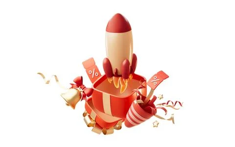 Opening gift box and rocket, 3d rendering. Stock Photos