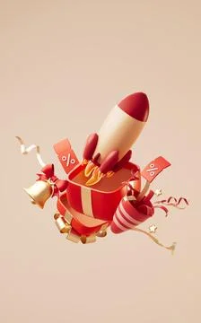 Opening gift box and rocket, 3d rendering. Photos