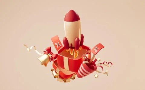 Opening gift box and rocket, 3d rendering. Stock Photos