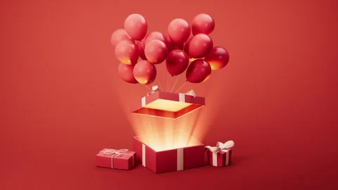 Opening gift box with glowing light and floating red balloons on a red back.. Stock Footage 332388883