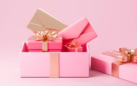Opening gift box with pink envelope. Valentine's Day gifts and love letters.. Stock Illustration