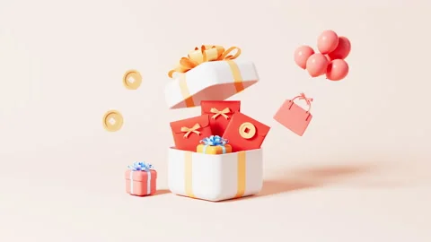 Opening gift with red envelopes, Spring Festival shopping theme, 3d rendering Stock Footage 229235420