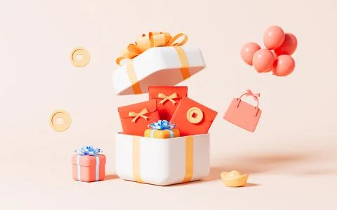 Opening gift with red envelopes, Spring Festival shopping theme, 3d rendering Stock Illustration