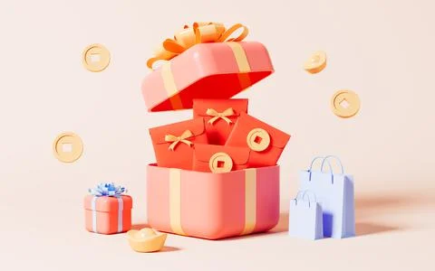 Opening gift with red envelopes, Spring Festival shopping theme, 3d rendering Stock Illustration