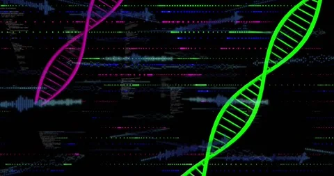 Opening glitch lines driving pulsating helices code forming revealing skyline Stock Footage 317229147