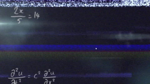 Opening glitchy screen chalk equations fading, showing math while scanlines and Stock Footage 313307578