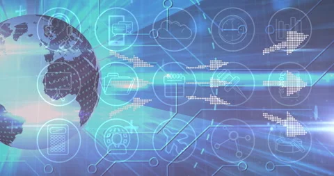 Opening globe revealing binary matrix, neon icons fading and beams sweeping for Stock Footage 310140124