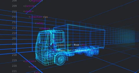 Opening on glowing grid tunnel with cyan wireframe truck while HTML tags Stock Footage 311697728