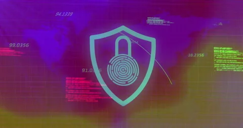 Opening on gradient grid, shield icon animating arcs and pulsing code blocks Stock Footage 310864337