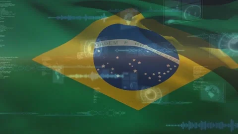 Opening green backdrop causing Brazilian flag entry, billowing over HUD elements Stock Footage 317275527