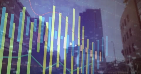 Opening green bar chart showing bars rising and adjusting while lines undulating Stock Footage 330400529
